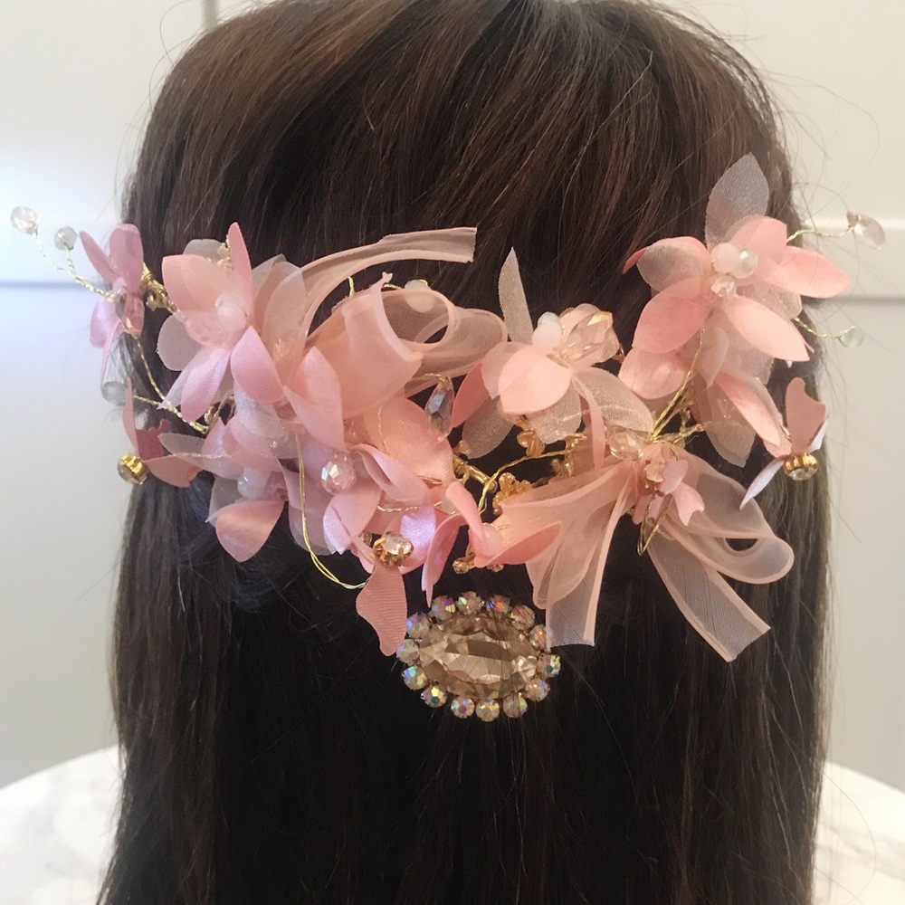 Bridal Wedding Coral Pink Crystal Gold Hairclips
